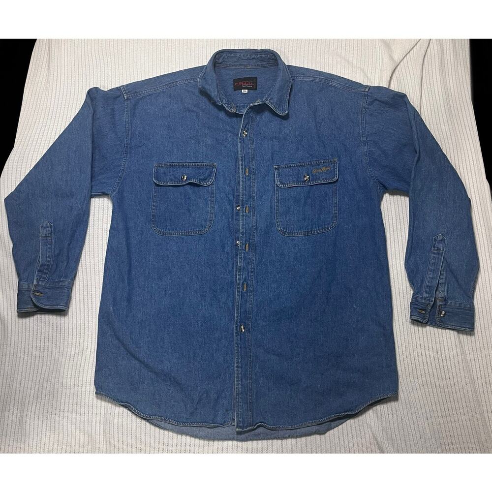 Vintage SunBelt Blue Distressed Denim Shirt Mens XL Button Up L/S CROWN ROYAL